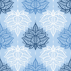 Ethnic Oriental Mehndi Lotus Flower Seamless Pattern. Ornamental Floral Pattern Vintage Blue Background