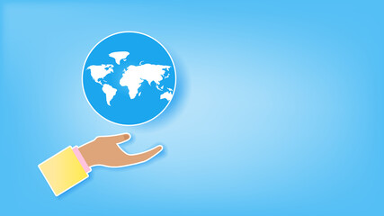 hand and world icon  isolated on gradient blue background, vector illustration for graphic design, paper cut style style