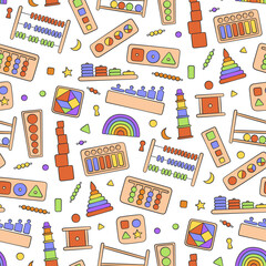 Hand drawn kid toys for Montessori games. Education logic toys for preschool children. Montessori system for early childhood development. Seamless pattern in doodle style on white background