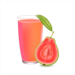 Organic guava juice in glass cup isolated on white background with fresh guavas. Tropical fruit