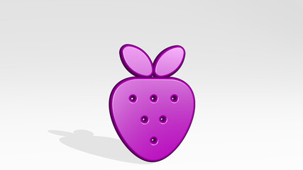 FRUIT STRAWBERRY from a perspective with the shadow. A thick sculpture made of metallic materials of 3D rendering. background and food
