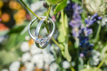 Wedding silver rings hanging on a small branch in front of a flower bokeh