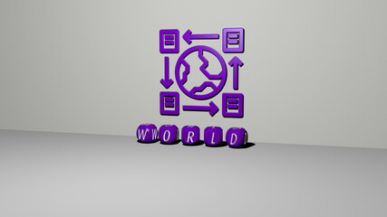 3D representation of WORLD with icon on the wall and text arranged by metallic cubic letters on a mirror floor for concept meaning and slideshow presentation. illustration and background