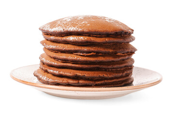 Plate with delicious chocolate pancakes on white background