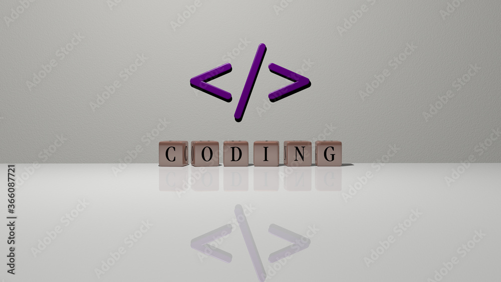 Fototapete 3d illustration of coding graphics and text made by metallic dice letters for the related meanings o