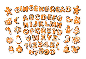 Christmas and New Year gingerbread alphabet and cute traditional holiday cookies on white backgroun.