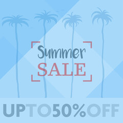 blue square SUMMER SALE advertisement sign or sticker with palm trees vector illustration