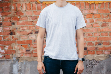 Naklejka na ściany i meble A stylish man in a gray T-shirt on a brick wall background