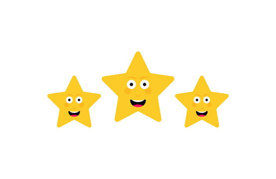 Three stars customer product rating review with excellent emoticon face. Funny cartoon hero. Vector illustration