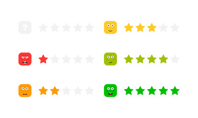 Star rating with different face emotion. Feedback scale. Angry, sad, neutral, satisfied and happy emoticon set. Funny cartoon hero emotion rating. Vector illustration