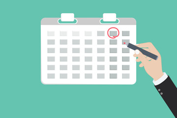 Mark calendar. Vector illustration flat style. Date circled. Week day month. Mockup of page.