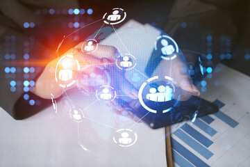 Multi exposure of woman using phone background and people icon network hologram. Concept of social media.