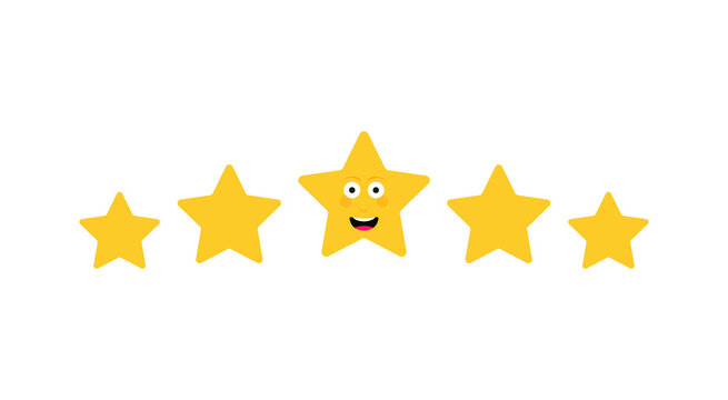 Five stars customer product rating review. Excellent emoticon face. Funny cartoon hero. Vector illustration