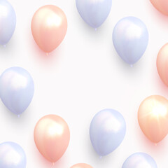 Background with festive realistic balloons. Celebration design with baloon, color pink and blue. Celebrate birthday template. Vector illustration