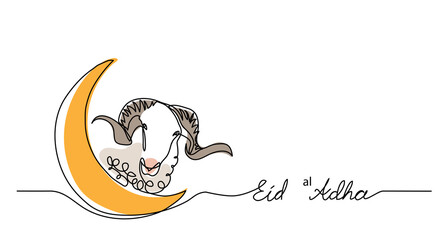 Eid al-Adha simple vector background, web banner with sheep goat and crescent. One continuous line drawing of sheep and moon.
