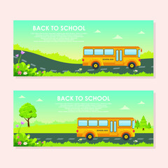 Back to school background, with nature landscape, school bus and road vector illustration
