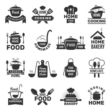 Homemade food badges. Kitchen cooking symbols vector illustrations. Cook food emblem, bistro sign, saucepan domestic logo