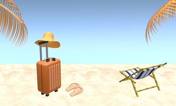 Orange suitcase with hat, sunglasses, slipper with palm tree leaves and beach chair on beach. Blue sky background in summer. Travel vacation holiday concept. 3d rendering illustration