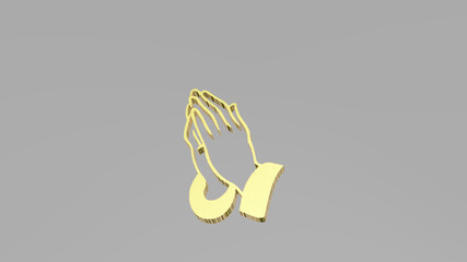 praying hands from a perspective on the wall. A thick sculpture made of metallic materials of 3D rendering. background and woman