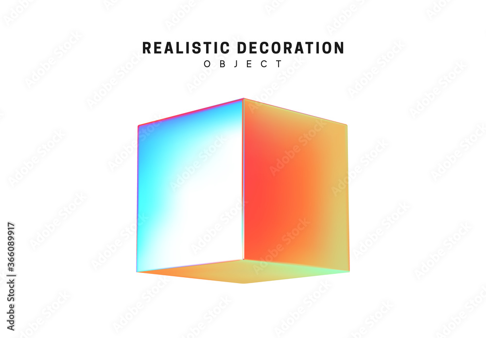 Poster square and cube. realistic shape 3d objects with gradient holographic color of hologram. decorative 