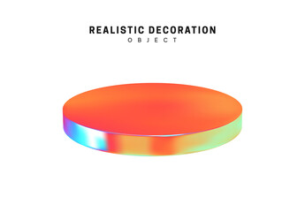 Flat round plate. Realistic shape 3d objects with gradient holographic color of hologram. Decorative design elements isolated on white background. vector illustration
