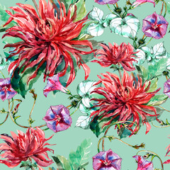 Fototapeta na wymiar Watercolor red dahlia with bindweed on green background. Seamless pattern for fabric.