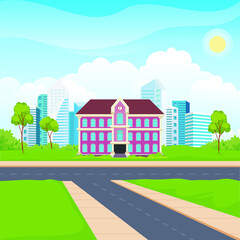 School building with nature landscape, green grass, road and trees. suitable for educational institution college background