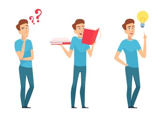Man find answers. Self education or finding solution concept. Young boy with questions and books has new idea vector illustration. Answer and solution problem, graphic mark question, person confusion