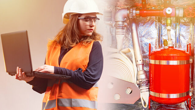 Fire Inspector. A Girl Checks Fire Safety. Concept - Purchase Of Flame Extinguishing Systems. Woman With A Laptop. Inspector In An Orange Vest. Checking Fire Extinguishing Systems. Hose.