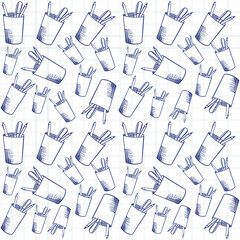 Pattern of Contour illustration of a Cup with pencils. Vector illustration on a wite isolated background. Checkered notebook. Stock image.