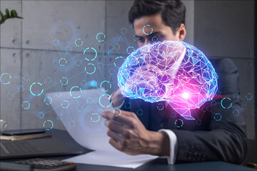 Man in office think and dream brain Ai technology drawing concept. Double exposure.