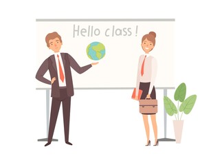 Teachers characters. Happy man woman near interactive blackboard, back to school vector illustration. Woman teacher stay at near whiteboard