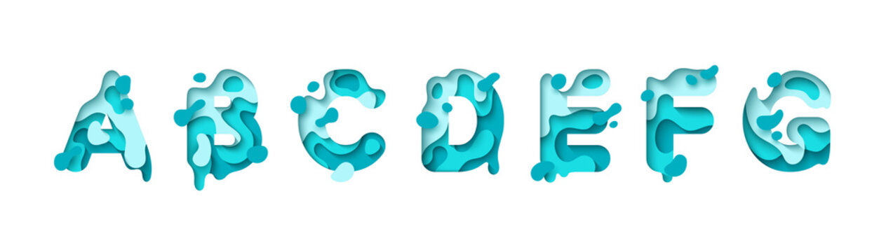 Paper cut letter A, B, C, D, E, F, G. Design 3d sign isolated on white background. Alphabet font of melting liquid. vector illustration