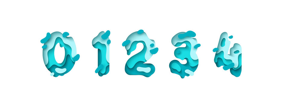 Paper cut number zero, one, two, three, four, figure 0, 1, 2, 3, 4. Design 3d sign isolated on white background. Alphabet font of melting liquid.