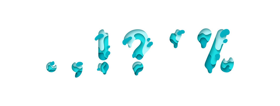 Punctuation marks comma point, an exclamation and interrogative, symbol question. Design 3d sign isolated on white background. Alphabet font of melting liquid.