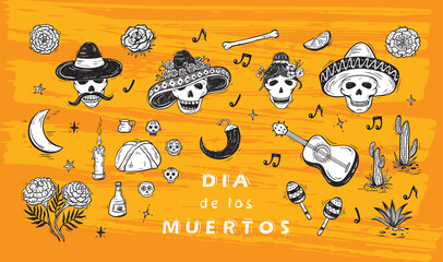 Mexico Vector Set. Dia de los Muertos. Day of the Dead. Mexican Holiday Symbols: Mexican Skulls, Food, Pan de Muerto, Sugar Skulls, Marigold Flowers, Guitar, Cactus
