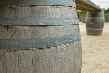 Wooden oak wine cask with metal rings
