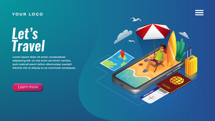 Isometric holiday planning by smart phone concept for website and mobile apps landing page