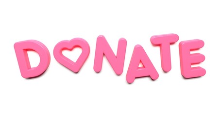3d render, 'Donate' written by plastic font. Pink candy typography font, phrase isolated on white background. Element for social media, print, sticker, poster. t-shirt, textile.