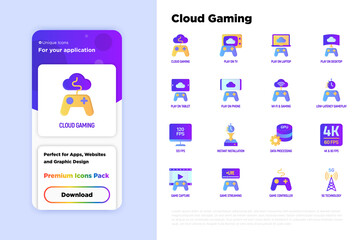 Cloud gaming thin line icons set: play on laptop, 120 FPS, low-latency gameplay, gamepad, wi-fi, instant installation, live streaming, game controller, 5G technology. Vector illustration.