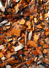 Macro shot of wet wood chips in warm colour tones and with soft focus spots to create depth in the image. Could be used as a backdrop or background. 