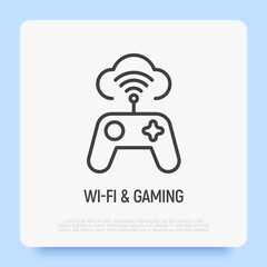 Cloud gaming thin line icon. Gamepad is connected with cloud. Vector illustration.