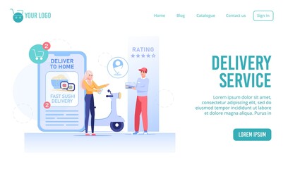 Fast delivery service on mobile phone landing page. Young woman making online asian food sushi rolls order via smartphone application. Courier delivering take-out food. Ecommerce, digital technology