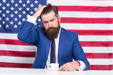 american politician in election. his election campaign. bearded man drink coffee cup. American...