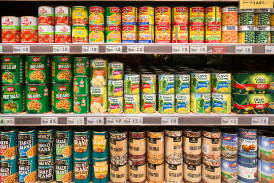 KUALA LUMPUR, MALAYSIA - DECEMBER 22, 2017: Canned beans, corn and vegetables are displayed in a supermarket shelf in Malaysia