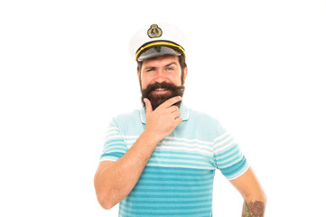Beard rule. Happy sailor with hipster beard. Bearded man in navy uniform isolated on white. Barbershop. Beard barber. Beard grooming. Sea voyage. Marine adventure. Lets go sailing