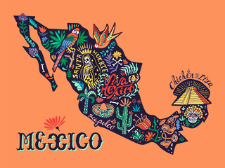 Illustrated stylized map of Mexico. National elements and symbols. Souvenir postcard