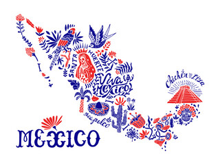Illustrated stylized map of Mexico. National elements and symbols. Souvenir postcard