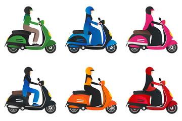 set of muslim girl riding scooter and wearing helmet with various hijab style. trendy hijab fashion © byfdani