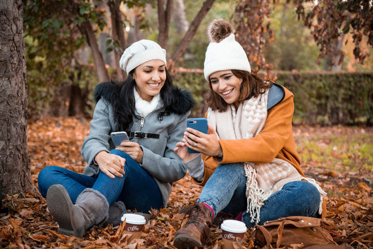 Two old girl friends looking at the smartphone screen together. Close up of Two old girl friends and the park background in the fall.
